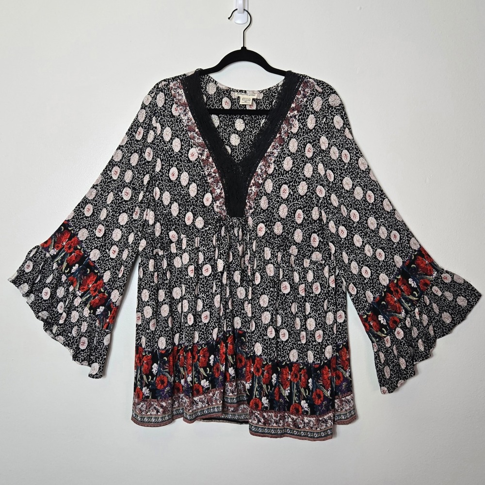 Romantic Gypsy Womens XL Boho Floral Bell Sleeve Lace Trim Babydoll Blouse Black